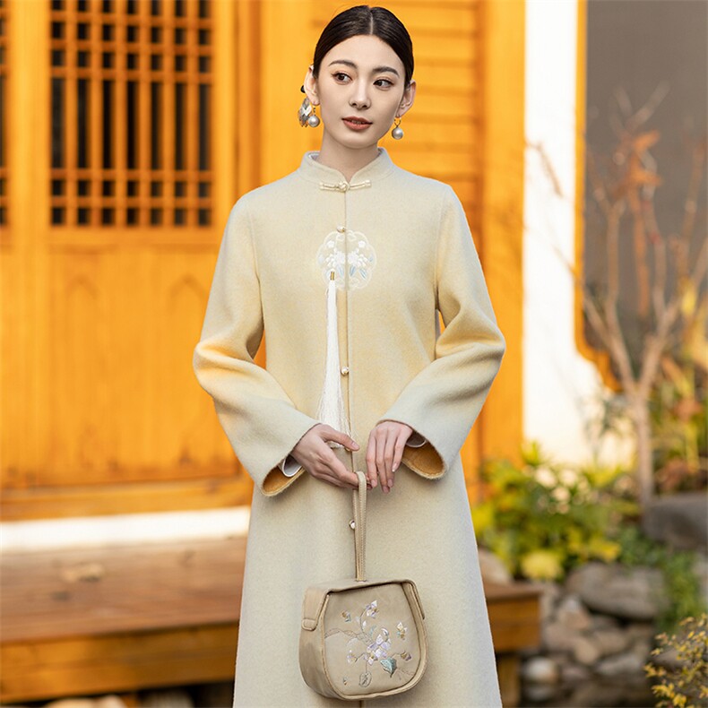 新中式国风双面羊毛大衣女2024春秋新款高端刺绣禅意汉服毛呢外套,女装毛呢外套,芷墨服饰