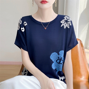 夏季新款简约莱赛尔天丝花朵蓝色短袖女宽松百搭显瘦时尚休闲上衣图片