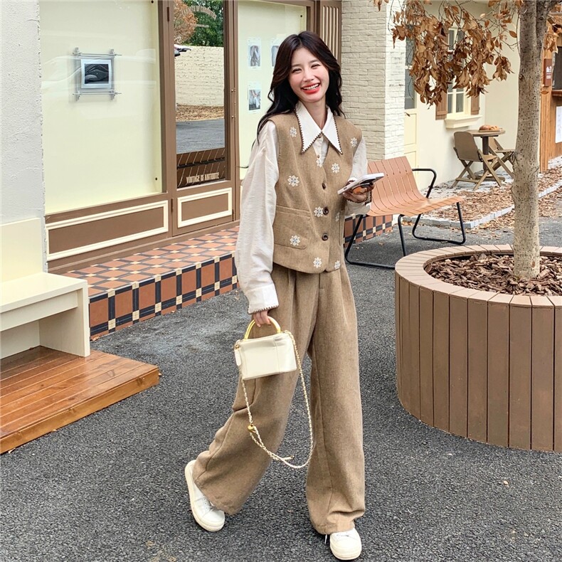 套装裤卡其色刺绣马甲衬衫阔腿裤三件套女秋,女装套装/套裙,浙宝186