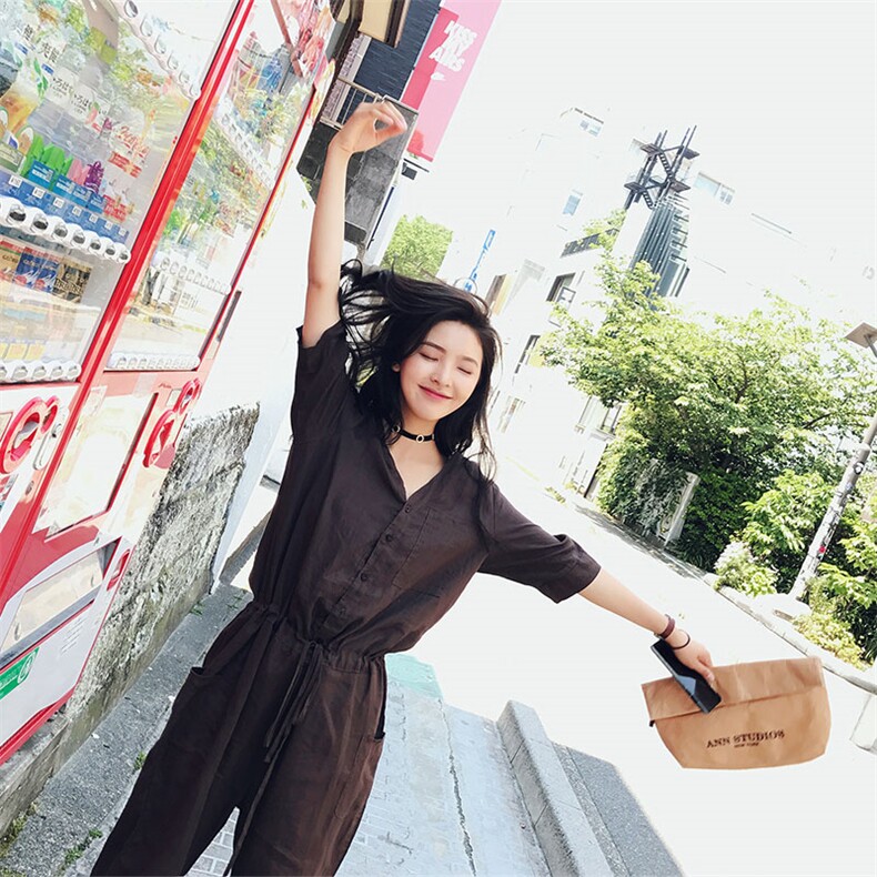纯色排扣V领五分袖宽松简约优雅甜美连体裤2021年夏季,女装连体裤,梦懿尔