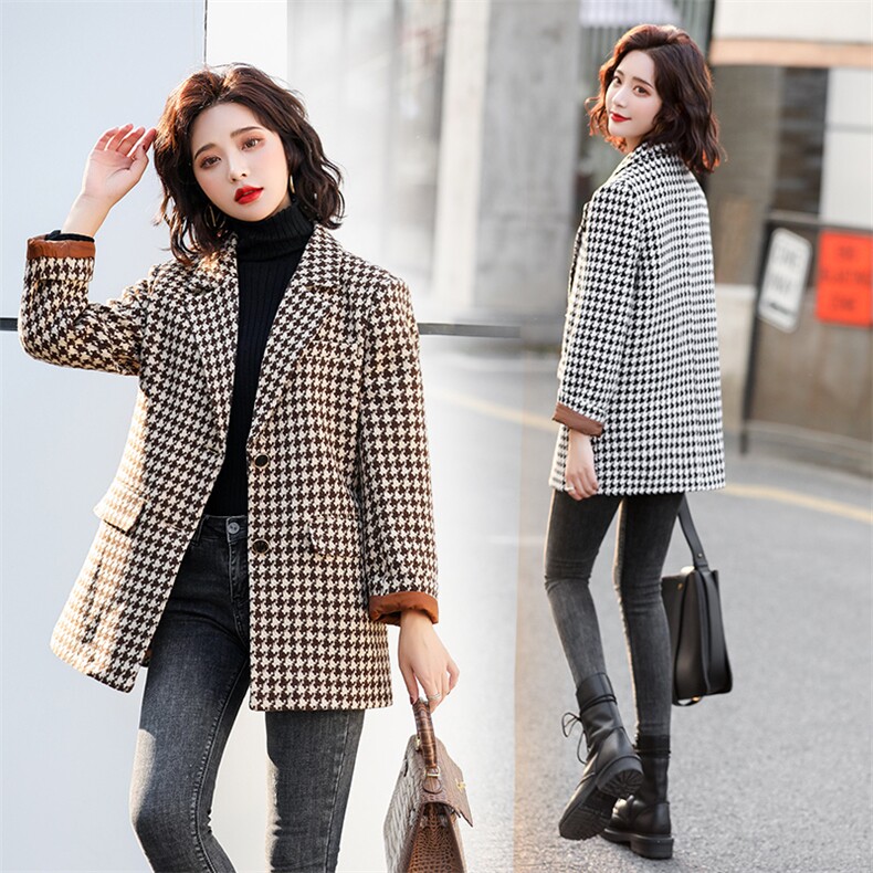 千鸟格毛呢外套女中长款欧洲站2021秋冬新款欧货加厚气质呢子大衣，女装毛呢外套，辉之琳