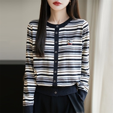 春夏圆领薄款条纹天丝莱赛尔针织开衫女宽松复古拼色长袖上衣外套，女装针织衫/毛衣，暖烁羊绒