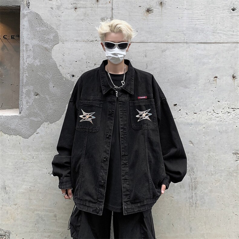 男装牛仔外套2026秋季几何图案印花男生翻领夹克XZ514-2-N105-P88,男装工装外套,星座514-2(原B239)
