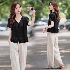 时尚休闲气质套装女2025夏新款减龄木耳花边拼接衬衫阔腿裤两件套，女装套装/套裙，依万里