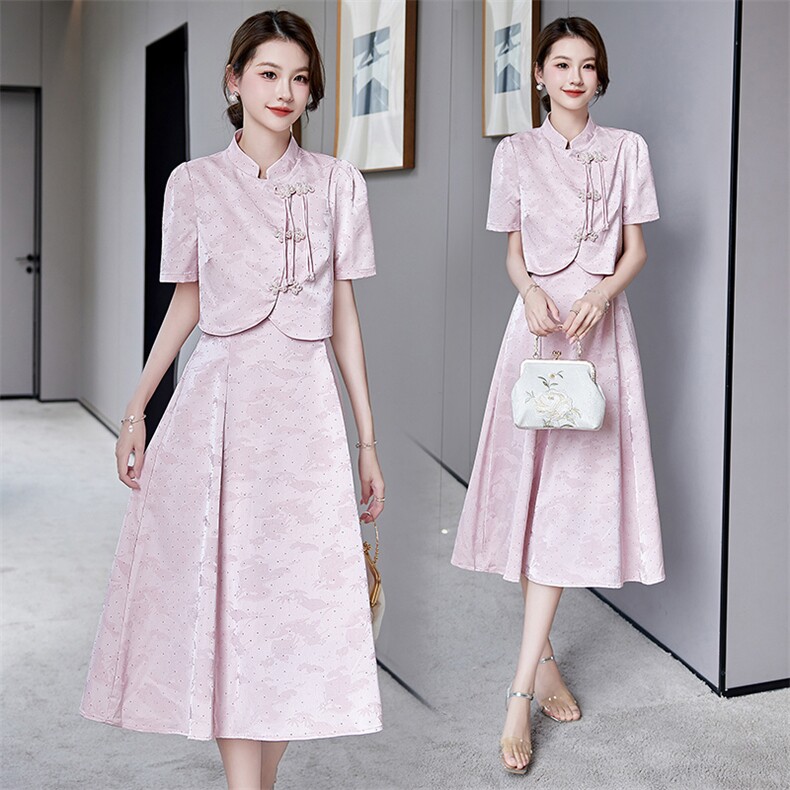 新中式国风套装女夏高级感别致2024新款重工镶钻吊带连衣裙两件套，女装套装/套裙，时尚俏佳人