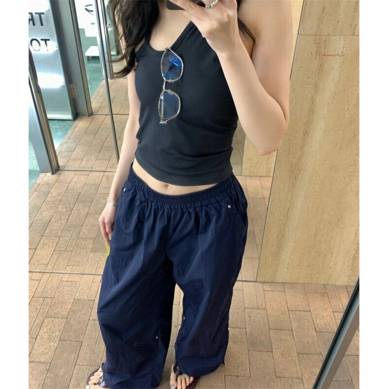 藏青色抽绳束脚伞兵工装裤女夏季速干设计感直筒裤美式百搭阔腿裤图片