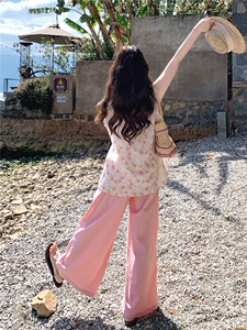夏日少女风套装2026新款韩式碎花木耳边背心宽松阔腿裤两件套裤图片