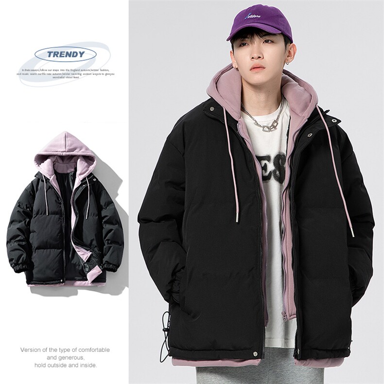 2025冬季新款加厚款假两件连帽棉服情侣款棉衣XZ102A-4-22091-P95,男装棉衣,星座211-2