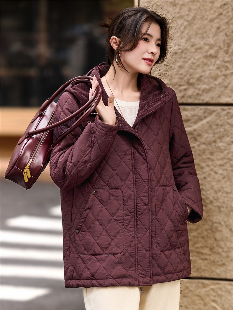 2025年冬季中长款连帽夹棉菱格棉衣棉服外套,女装棉衣/棉服,简韵佳