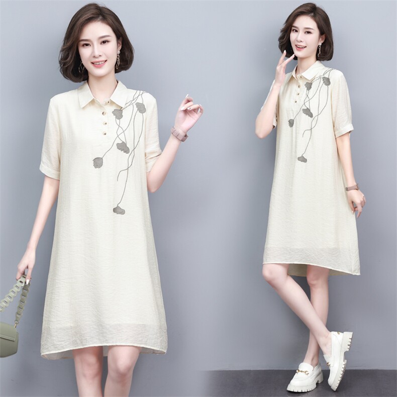 中年妈妈气质短袖夏装连衣裙女2024新款大码宽松显瘦刺绣衬衫裙子，女装连衣裙，璐依舞
