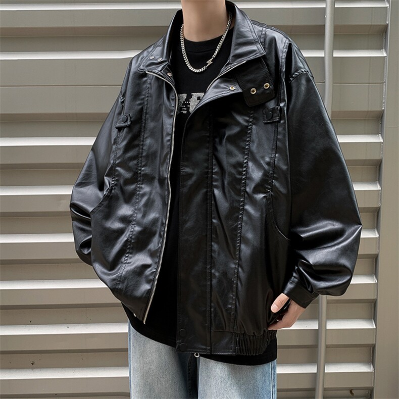 港风秋款男皮衣工装织带拼接款皮夹克休闲外套JK067P75,男装夹克,星座1013-1
