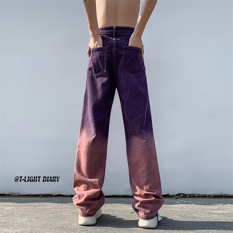 美式hiphop裤子高街潮牌扎染渐变紫色牛仔裤男款设计感宽松直筒裤图片