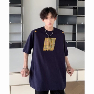 Q329-P36 刺绣高级感情侣款重磅短袖T恤男女夏季复古半袖上衣图片