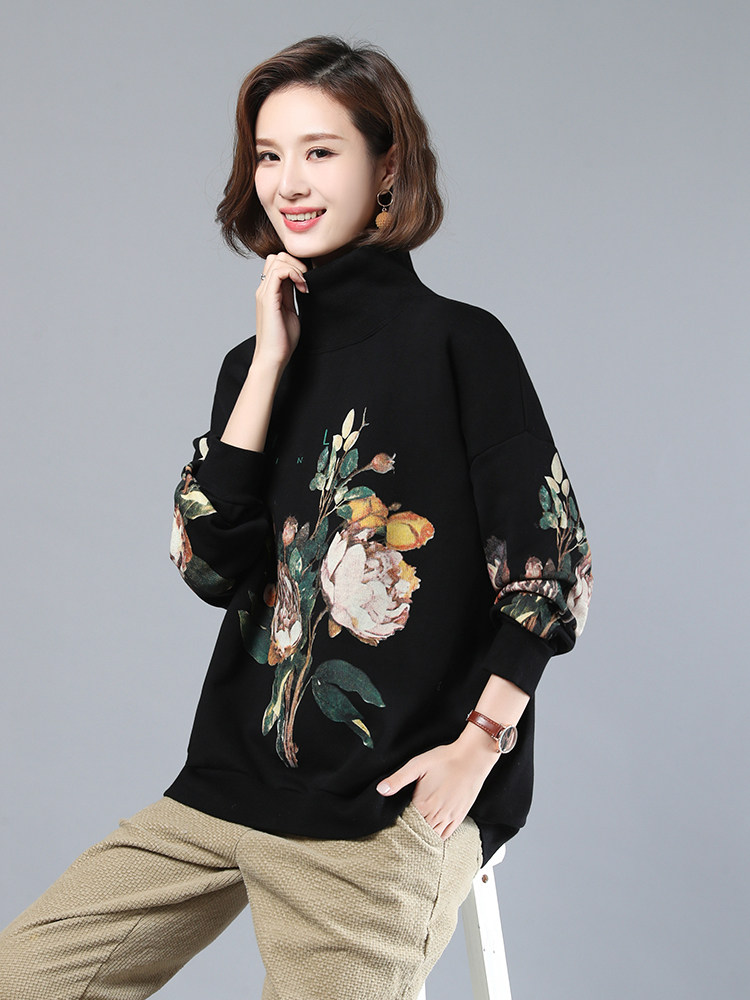 2023年春季新款潮韩版时尚印花高领卫衣女长袖休闲百搭打底衫女棉,女装卫衣/绒衫,简韵佳