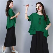 圆领口袋2021年夏季短袖中长款宽松舒适显瘦T恤套头，女装T恤，雪樱依海