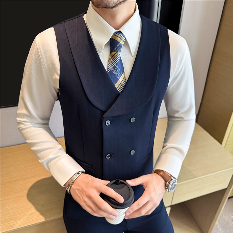 羊毛厚款条纹西服内搭马甲男士青果领双排扣毛呢背心DMJ8069-P73,男装背心/马甲,电商A213
