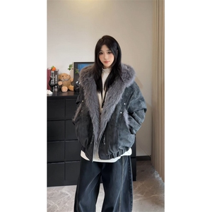 美式长毛座山雕pu皮外套连帽梵古文刺绣棉服男冬季夹棉图片