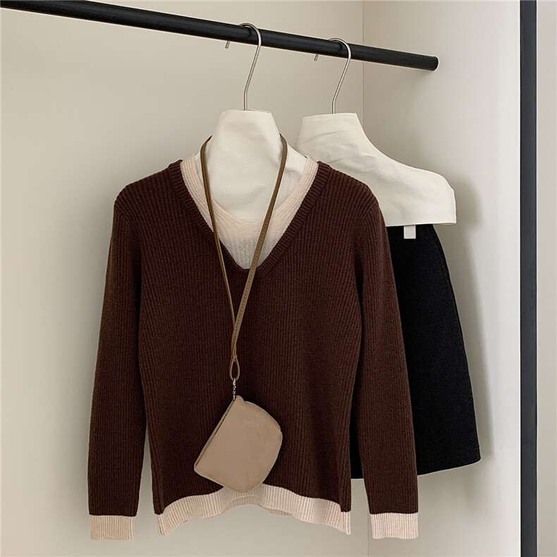 2025年秋季长袖单件套头V领假两件舒适时尚百搭，女装针织衫/毛衣，伊绒腾羊绒