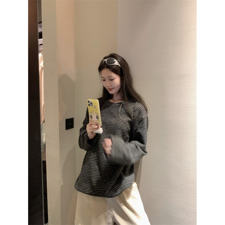 现货慵懒风条纹长袖t恤男女秋冬季休闲上衣Z160-P35特批，男装T恤，电商C233B