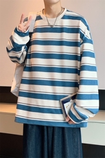 港风麂皮绒圆领条纹拼接卫衣男宽松长袖T恤打底衫Y5533P45，男装T恤，星座1204-3
