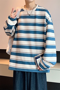 港风麂皮绒圆领条纹拼接卫衣男宽松长袖T恤打底衫Y5533 P45图片
