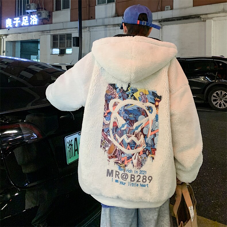 恶魔印花青少年加厚加绒宽松连帽羊羔毛棉衣外套MY777-P125图片
