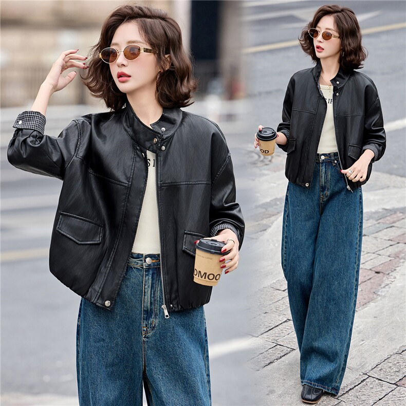 已出货春装新品格纹拼接皮衣外套女短款时尚休闲显瘦机车服长袖,女装皮衣,吾爱衣
