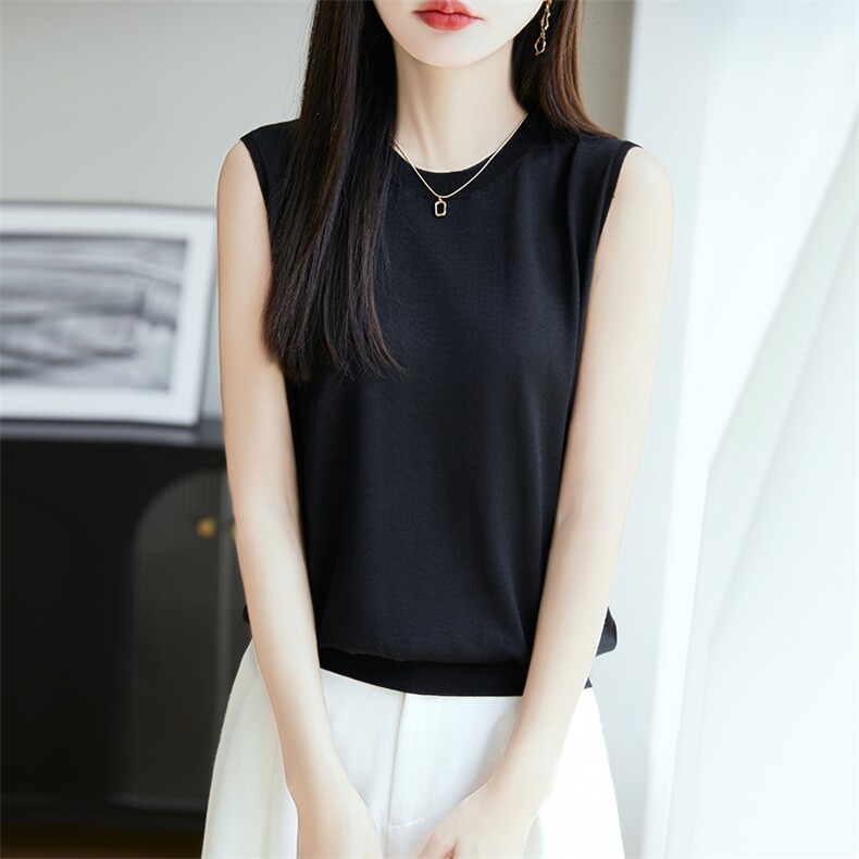 夏季新款简约休闲醋酸圆领无袖女士百搭时尚显瘦上衣,针织衫/毛衣,朝思羊绒