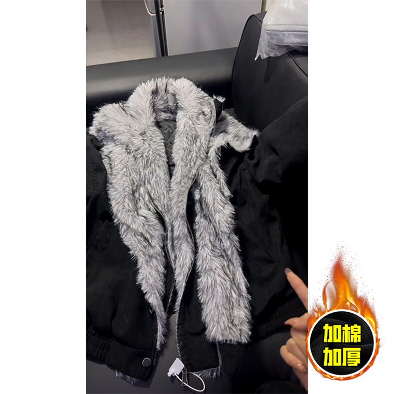 现货高品质美式高街重磅狼王座山雕毛毛领假两件棉衣加厚棉服外套,男装棉衣,电商A443