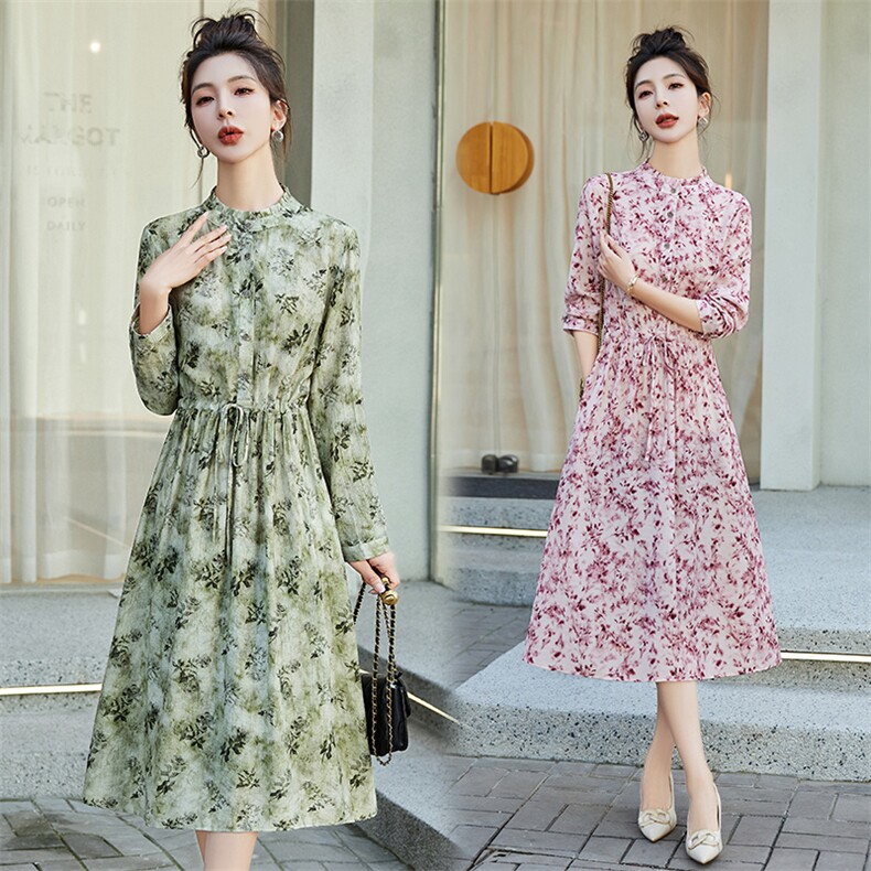 2024春季时尚简约百搭花色棉麻风长袖长款连衣裙,女装连衣裙,鑫思依格