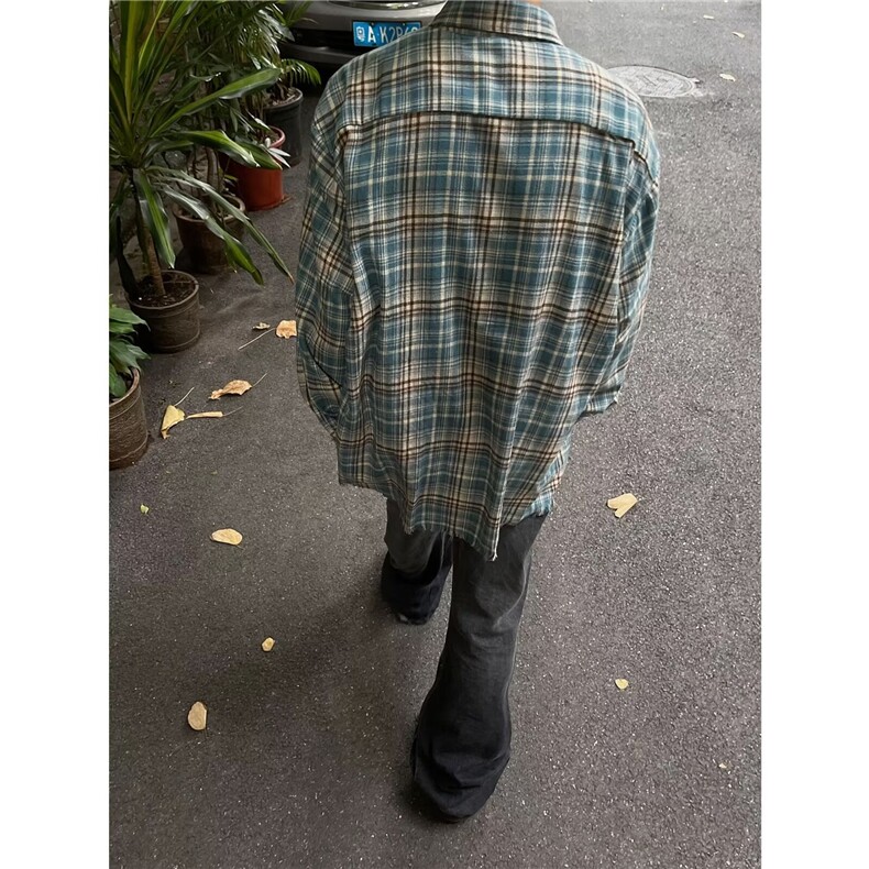 美式复古毛边蓝色格子衬衫男街头高级感春秋潮牌C274-P40,男装衬衫,星座1109-4