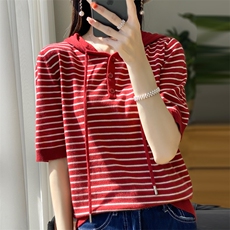 2025春夏新款时尚女连帽半袖薄款宽松条纹，女装针织衫/毛衣，昭美羊绒