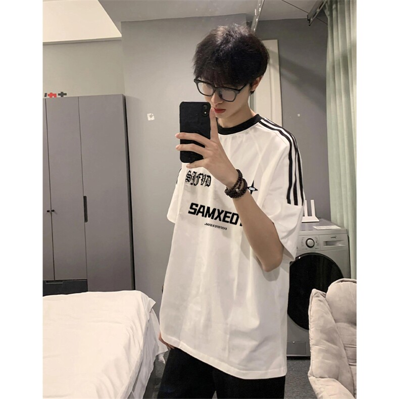 夏季美式高街重磅纯棉三条杠织带撞色男女短袖T恤ZD363-特P30,男装T恤,电商A486