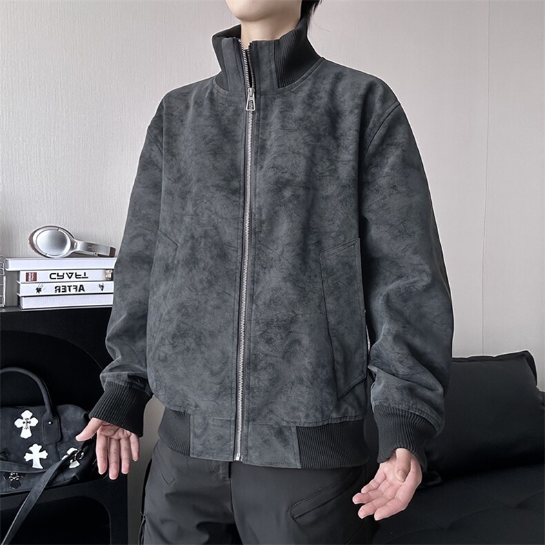 潮牌复古扎染PU皮夹克男外套痞帅立领工装棒球服25XJ55259特批60,男装夹克,电商A042