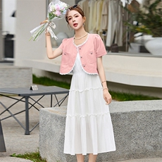 时尚蕾丝花边设计感短外套两件套2025夏季新款白色背心连衣裙套装，女装套装/套裙，慕依路