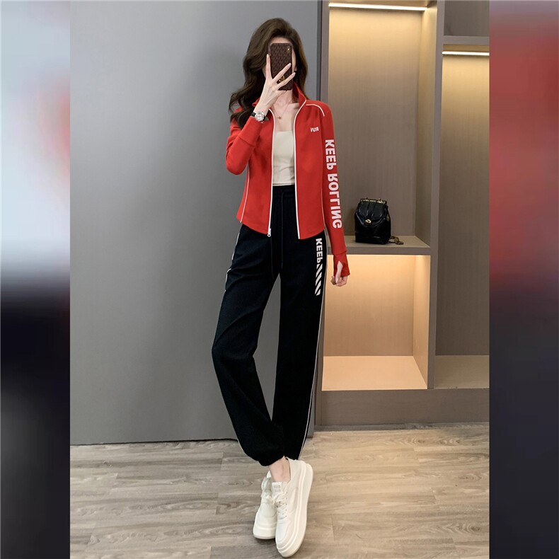 高端韩版时尚气质套装女秋新款拉链开衫红色立领上束脚长裤两件套,女装套装/套裙,2C310