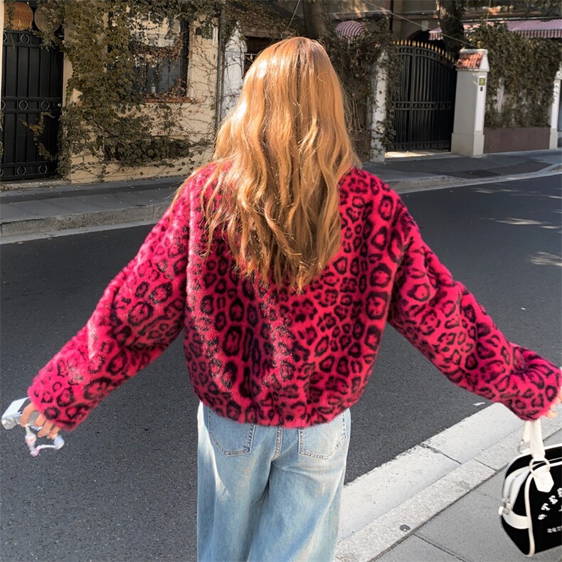 红色复古个性立领豹纹开衫外套女2025秋季新款宽松撞色长袖上衣,女装短外套,2C353