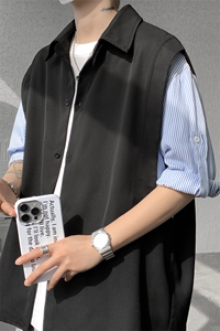 春夏新款假两件宽松拼接飞肩设计感假两件条纹短袖衬衫卫衣特P39图片