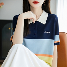 Polo领彩虹拼色时尚短袖女宽松莱赛尔新款t恤夏季减龄气质薄T背心，女装T恤，尚雪电商供货