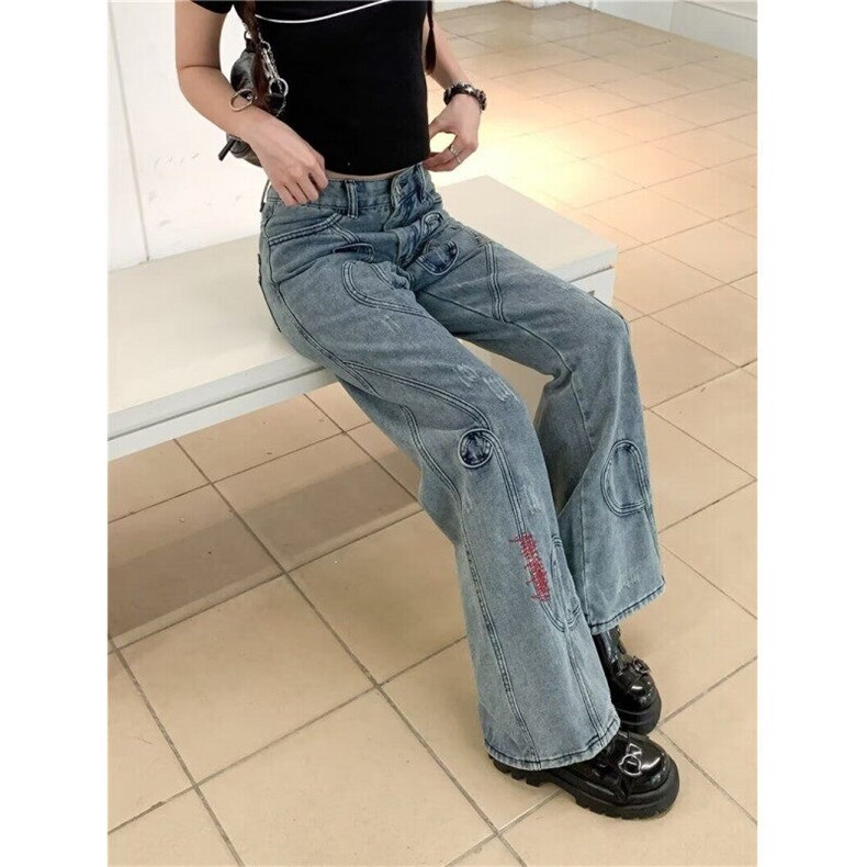 美式复古小众设计感刺绣牛仔裤男女亚比喇叭裤宽松阔腿拖地长裤子,男装牛仔裤,星座506A