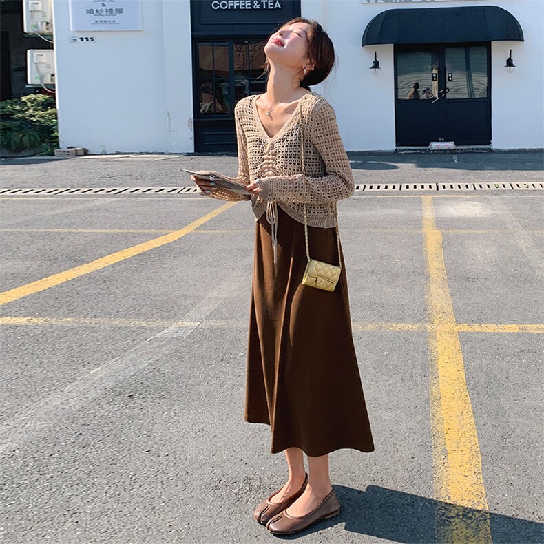 时尚百搭套装女2025年春秋新款吊带连衣裙镂空外套两件套,女装套装/套裙,采品优优