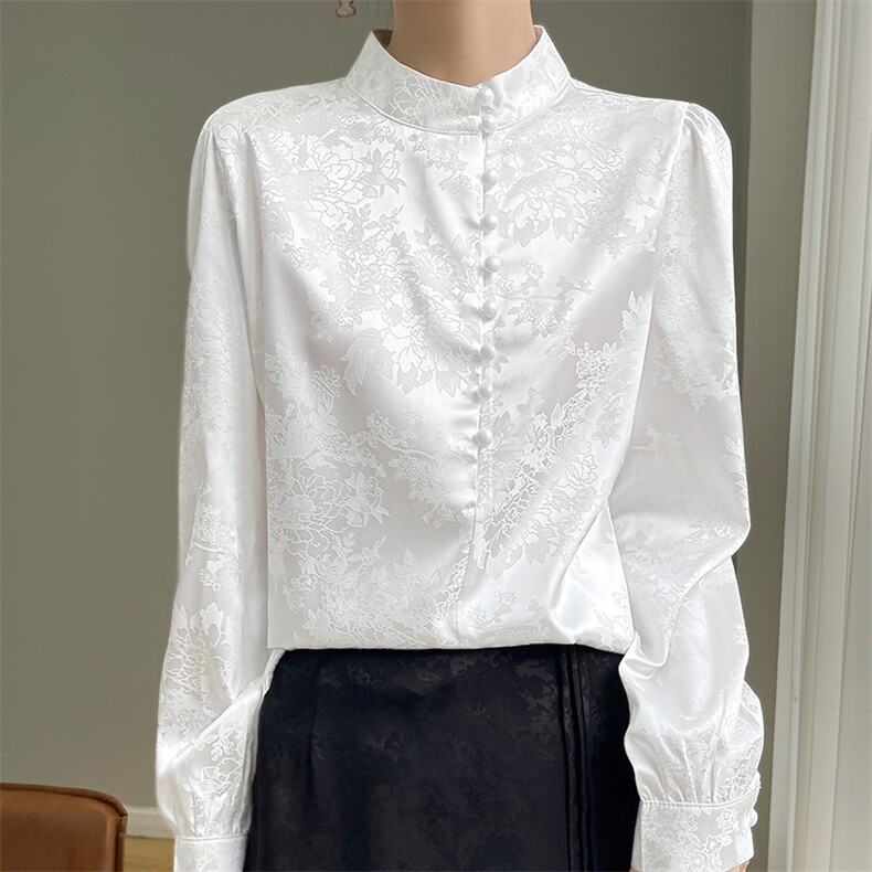 新中式国风马面裙上衣女长袖盘扣立领提花旗袍禅意真丝小衬衫通勤，女装衬衫，圣丽羊绒