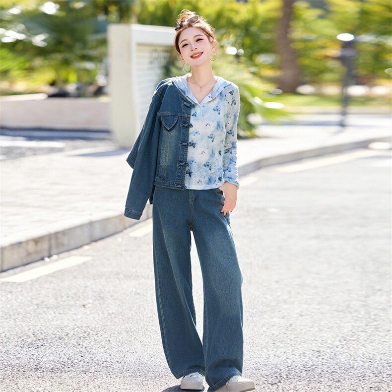 新中式牛仔套装女2025春新款小香风超火休闲减龄阔腿裤穿搭三件套，女装套装/套裙，欣品汇