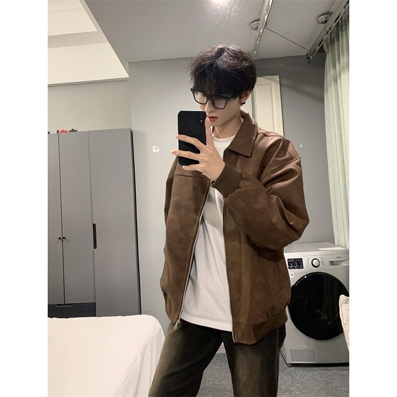 翻领夹克男女秋冬季百搭宽松情侣工外套港风水洗潮流新款JK9156,男装夹克,星座516A