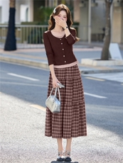 小香风长袖时尚套装裙女2026春秋款气质显瘦气质格纹半身裙两件套，女装套装/套裙，意芙