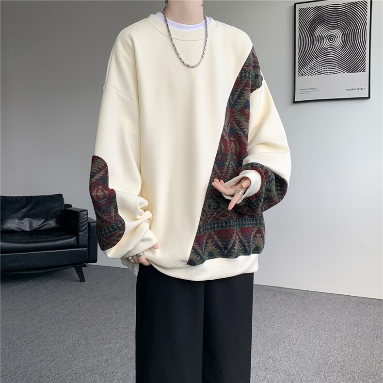 8XL-M民族风拼接卫衣大码胖子费尔岛上衣圆领复古外套WY5106/P55，男装民族服装，电商B238