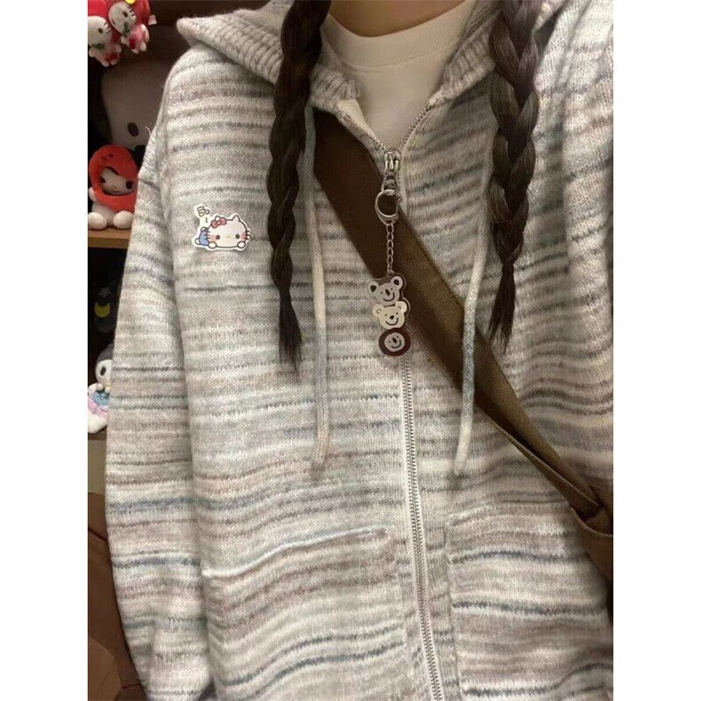 彩虹条纹2024新款女连帽针织开衫外套春秋宽松慵懒风秋冬毛衣,男装针织衫/毛衣,星座506A