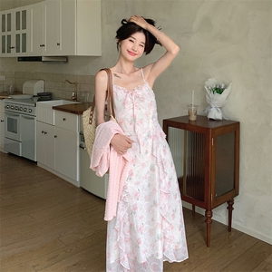 【现货有买家秀】温柔甜美浪漫仙气印花吊带连衣裙+防晒开衫套装图片