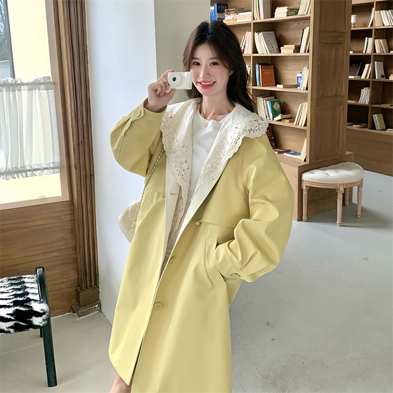 上新！2c113-8862-p195-k288时尚假两件拼接蕾丝帽风衣,女装风衣,2C113