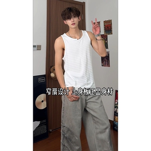休港风百搭款闲简约上衣潮流复古高街无袖拼接感上衣HY786TP20图片
